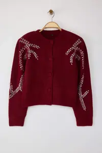 TRENDYOLMİLLA Burgundy Soft textured Stone Embroidered Knitwear Cardigan - Image 5