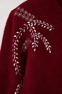 TRENDYOLMİLLA Burgundy Soft textured Stone Embroidered Knitwear Cardigan - Image 6