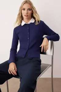 TRENDYOLMİLLA Navy Blue Mercerized Look Hair Knitting Shirt Garnished Premium/Special Yarn Knitwear Cardigan - Image 2