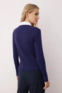TRENDYOLMİLLA Navy Blue Mercerized Look Hair Knitting Shirt Garnished Premium/Special Yarn Knitwear Cardigan - Image 4