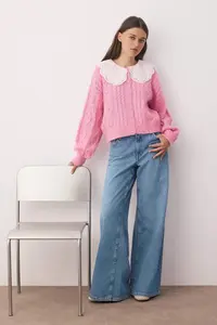 TRENDYOLMİLLA Pink Hair Knitting Lace Garnished Polo Shirt Collar Soft textured Knitwear Cardigan - Image 2