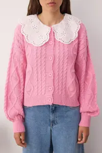 TRENDYOLMİLLA Pink Hair Knitting Lace Garnished Polo Shirt Collar Soft textured Knitwear Cardigan - Image 3