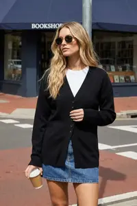 TRENDYOLMİLLA Black V-neck Mercerized Look Premium Yarn/Special Yarn Knitwear Cardigan
