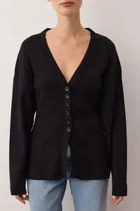 TRENDYOLMİLLA Black V-neck Mercerized Look Premium Yarn/Special Yarn Knitwear Cardigan - Image 4