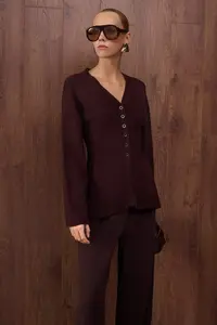 TRENDYOLMİLLA Special Collection Brown V-neck Mercerized Look Premium Yarn Knitwear Cardigan