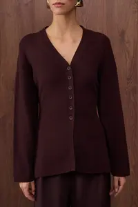 TRENDYOLMİLLA Special Collection Brown V-neck Mercerized Look Premium Yarn Knitwear Cardigan - Image 3