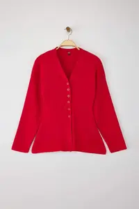 TRENDYOLMİLLA Red V-neck Mercerized Look Premium Yarn/Special Yarn Knitwear Cardigan - Image 6