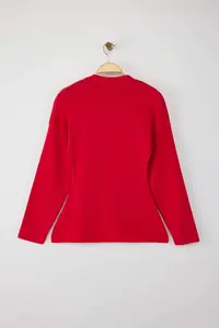 TRENDYOLMİLLA Red V-neck Mercerized Look Premium Yarn/Special Yarn Knitwear Cardigan - Image 7