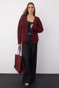 TRENDYOLMİLLA Wardrobe Essentials Burgundy Woolly Wide Pattern V-neck Knitwear Cardigan | - Image 2