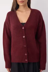 TRENDYOLMİLLA Wardrobe Essentials Burgundy Woolly Wide Pattern V-neck Knitwear Cardigan | - Image 3