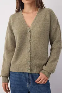 TRENDYOLMİLLA Wardrobe Essentials Oil Green Woolly Wide Pattern V-neck Knitwear Cardigan | - Image 3