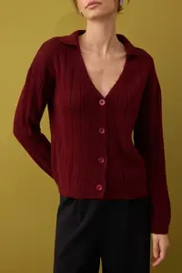 TRENDYOLMİLLA Burgundy Woolly Basic Polo Shirt Collar Knitwear Cardigan | - Image 3
