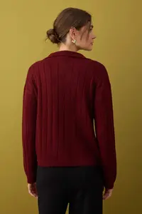 TRENDYOLMİLLA Burgundy Woolly Basic Polo Shirt Collar Knitwear Cardigan | - Image 4