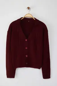 TRENDYOLMİLLA Burgundy Woolly Basic Polo Shirt Collar Knitwear Cardigan | - Image 5