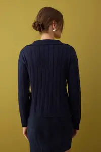 TRENDYOLMİLLA Navy Blue Woolly Basic Polo Shirt Collar Knitwear Cardigan | - Image 4