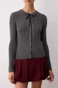 TRENDYOLMİLLA Dark Gray Mercerized Look Collar Binding Detailed Fitted/Bodysuit hugging Knitwear Cardigan - Image 4