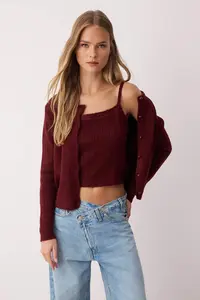 TRENDYOLMİLLA Burgundy Square Neck Lace Garnished Knitwear Cardigan-Blouse Soft textured Knitwear Set