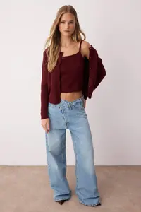 TRENDYOLMİLLA Burgundy Square Neck Lace Garnished Knitwear Cardigan-Blouse Soft textured Knitwear Set - Image 3