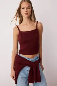 TRENDYOLMİLLA Burgundy Square Neck Lace Garnished Knitwear Cardigan-Blouse Soft textured Knitwear Set - Image 4