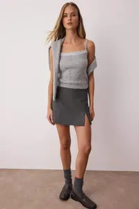 TRENDYOLMİLLA Gray Premium/Special Yarn Square Neck Lace Garnished Knitwear 2 Sets Cardigan-Blouse Knitwear Set - Image 2
