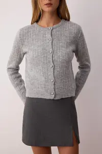 TRENDYOLMİLLA Gray Premium/Special Yarn Square Neck Lace Garnished Knitwear 2 Sets Cardigan-Blouse Knitwear Set - Image 3
