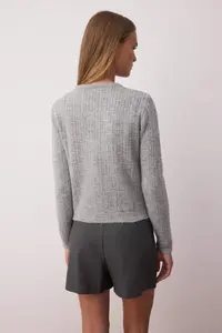 TRENDYOLMİLLA Gray Premium/Special Yarn Square Neck Lace Garnished Knitwear 2 Sets Cardigan-Blouse Knitwear Set - Image 4