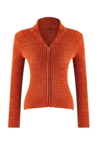 TRENDYOLMİLLA Wardrobe Essentials Orange Zippered Dog collar Soft textured Cotton Knitwear Cardigan - Image 5