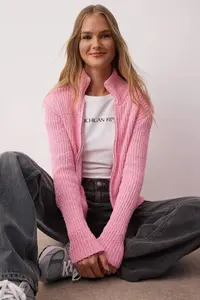 TRENDYOLMİLLA Wardrobe Essentials Pink Zippered Dog collar Soft textured Cotton Knitwear Cardigan