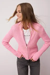 TRENDYOLMİLLA Wardrobe Essentials Pink Zippered Dog collar Soft textured Cotton Knitwear Cardigan - Image 2
