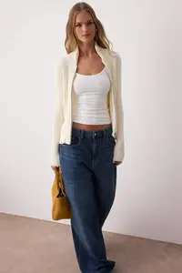 TRENDYOLMİLLA Wardrobe Essentials Stone Zippered Dog collar Soft textured Cotton Knitwear Cardigan - Image 2