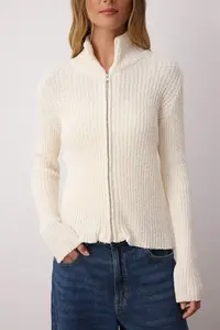 TRENDYOLMİLLA Wardrobe Essentials Stone Zippered Dog collar Soft textured Cotton Knitwear Cardigan - Image 3