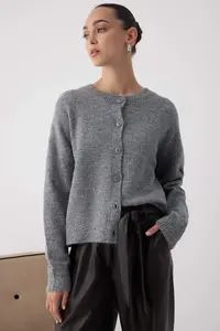 TRENDYOLMİLLA Wardrobe Essentials Anthracite Alpaca Wool Blend Wide Pattern Knitwear Cardigan | - Image 2