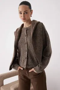 TRENDYOLMİLLA Wardrobe Essentials Mink Alpaca Wool Blend Wide Pattern Knitwear Cardigan | - Image 2