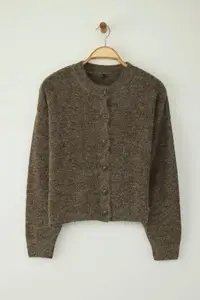 TRENDYOLMİLLA Wardrobe Essentials Mink Alpaca Wool Blend Wide Pattern Knitwear Cardigan | - Image 5