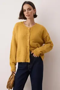 TRENDYOLMİLLA Wardrobe Essentials Mustard Alpaca Wool Blend Wide Pattern Knitwear Cardigan | - Image 2