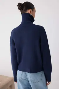 TRENDYOLMİLLA Wardrobe Essentials Navy Blue Soft textured Wide Pattern Zippered Knitwear Cardigan | - Image 4