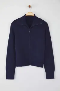 TRENDYOLMİLLA Wardrobe Essentials Navy Blue Soft textured Wide Pattern Zippered Knitwear Cardigan | - Image 5