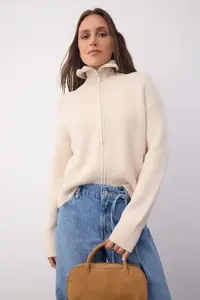 TRENDYOLMİLLA Wardrobe Essentials Stone Soft textured Wide Pattern Zippered Knitwear Cardigan | - Image 2
