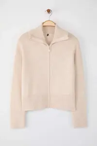 TRENDYOLMİLLA Wardrobe Essentials Stone Soft textured Wide Pattern Zippered Knitwear Cardigan | - Image 5