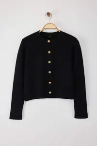 TRENDYOLMİLLA Wardrobe Essentials Black Button Detailed Crop Premium/Special Yarn Knitwear Cardigan | - Image 5