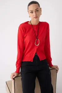 TRENDYOLMİLLA Wardrobe Essentials Red Premium Yarn Mercerized Look Crew Neck Knitwear Cardigan|