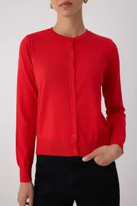 TRENDYOLMİLLA Wardrobe Essentials Red Premium Yarn Mercerized Look Crew Neck Knitwear Cardigan| - Image 3