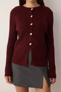 TRENDYOLMİLLA Burgundy Button Detailed Soft textured Slit Detailed Knitwear Cardigan - Image 3