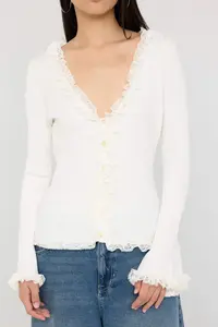 TRENDYOLMİLLA Teen Ecru V-neck Lace Garnished Premium/Special Thread Fitted/Body-Fitting Knitwear Cardigan - Image 4