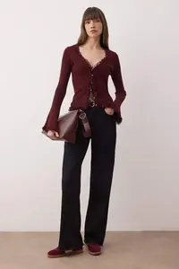 TRENDYOLMİLLA Plum Lace Garnished Premium/Special Thread Fitted/Body-Fitting Knitwear Cardigan - Image 2