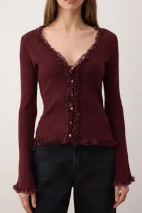 TRENDYOLMİLLA Plum Lace Garnished Premium/Special Thread Fitted/Body-Fitting Knitwear Cardigan - Image 3