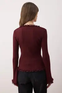 TRENDYOLMİLLA Plum Lace Garnished Premium/Special Thread Fitted/Body-Fitting Knitwear Cardigan - Image 4