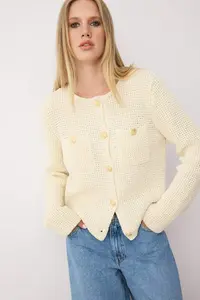 TRENDYOLMİLLA Ecru textured Cotton Blended Knitwear Cardigan