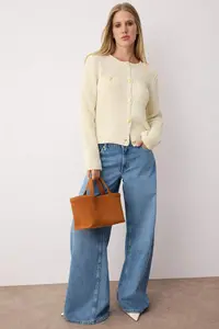 TRENDYOLMİLLA Ecru textured Cotton Blended Knitwear Cardigan - Image 2