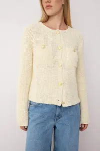 TRENDYOLMİLLA Ecru textured Cotton Blended Knitwear Cardigan - Image 3